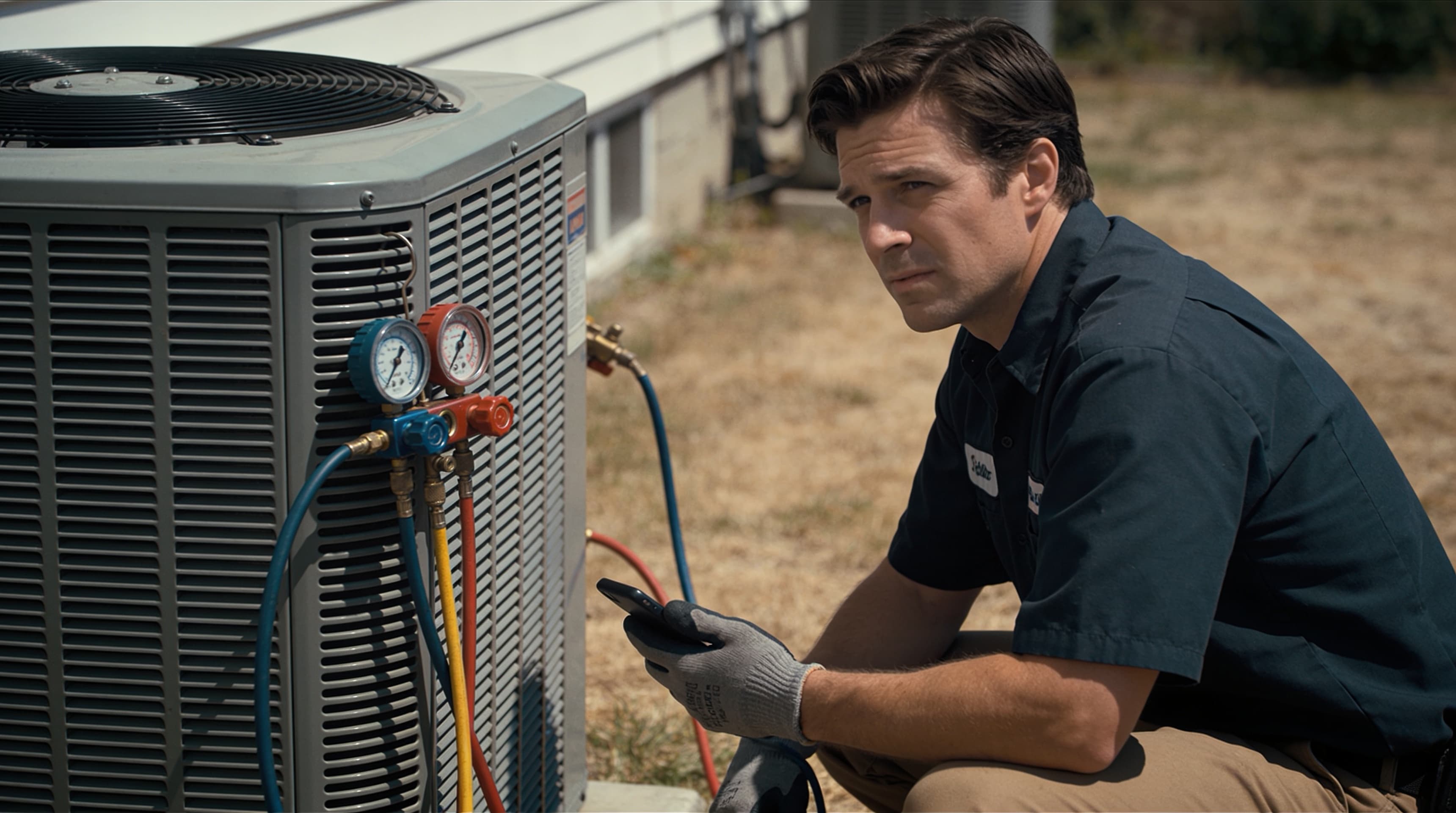An HVAC technician checking their phone beside a condenser unit on a hot afternoon